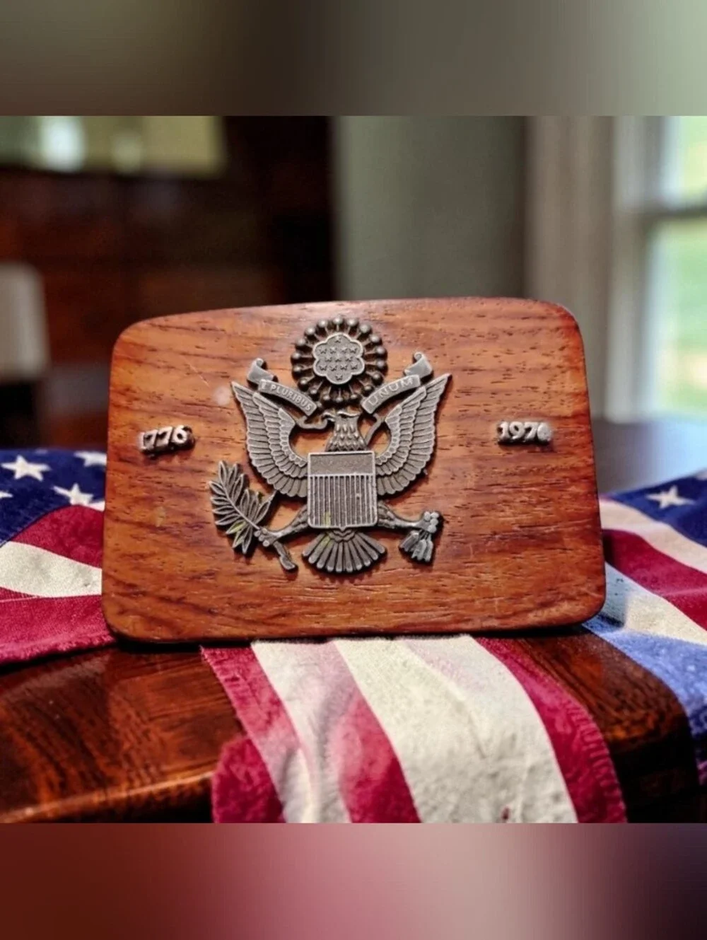 Vintage 1976 US Bicentennial Wooden Belt Buckle NWOT Great Seal Eagle